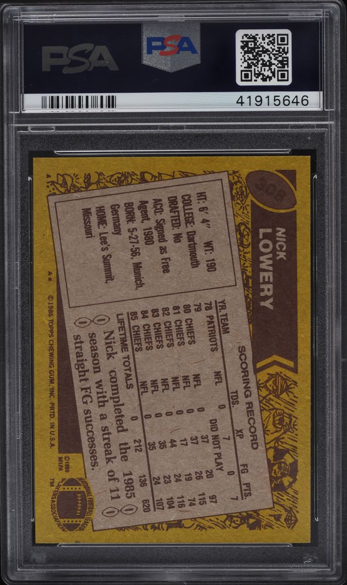 1986 Topps Football Nick Lowery #308 PSA 8.5 NM-MT+