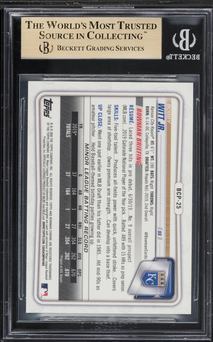 2020 Bowman Chrome Sapphire Orange Bobby Witt Jr. PROSPECT /75 #BCP25 BGS 9.5 GEM MINT
