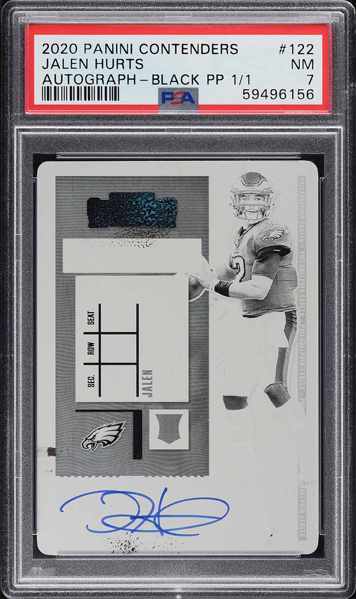 2020 Panini Contenders Black Printing Plate Jalen Hurts ROOKIE AUTO 1/1 #122 PSA 7