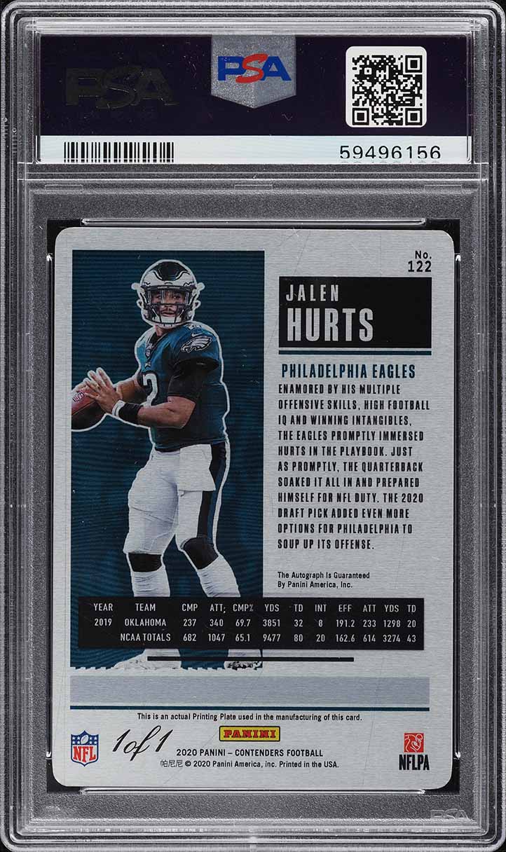 2020 Panini Contenders Black Printing Plate Jalen Hurts ROOKIE AUTO 1/1 #122 PSA 7