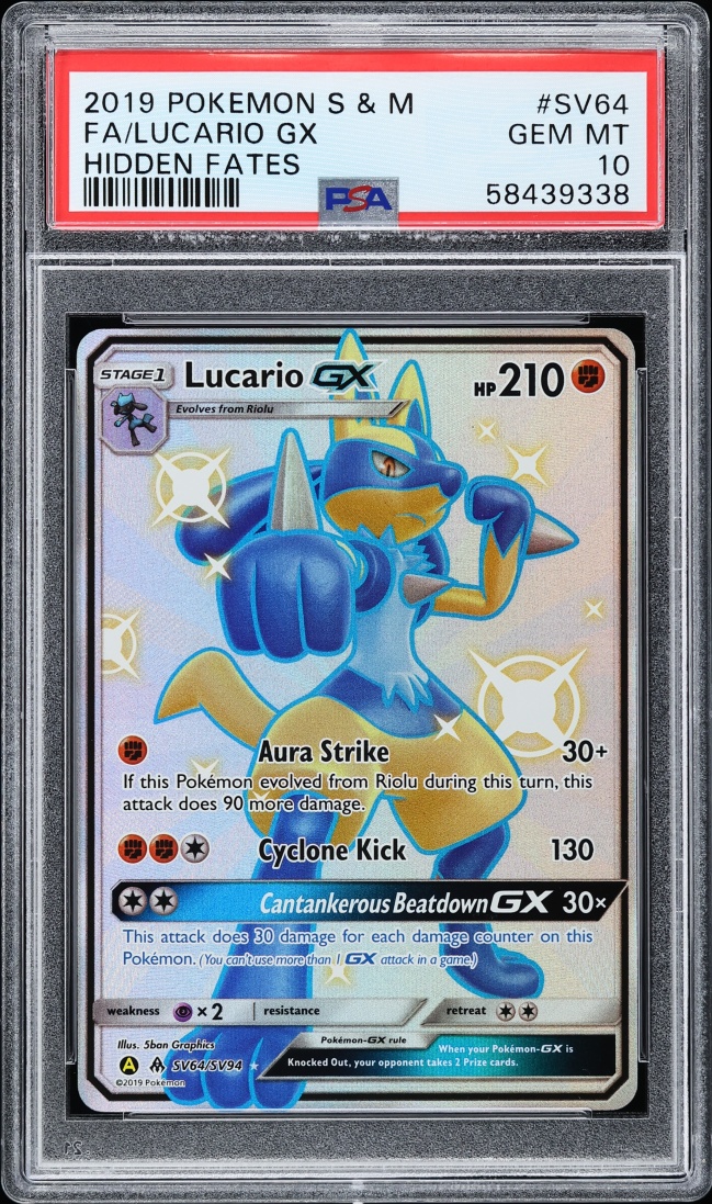 2019 Pokemon Sun & Moon Hidden Fates Full Art Shiny Lucario GX #SV64 PSA 10 GEM MINT