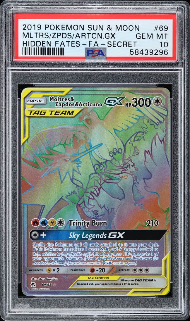 2019 Pokemon Sun & Moon Hidden Fates Rainbow Rare Moltres & Zapdos & Articuno GX #69 PSA 10 GEM