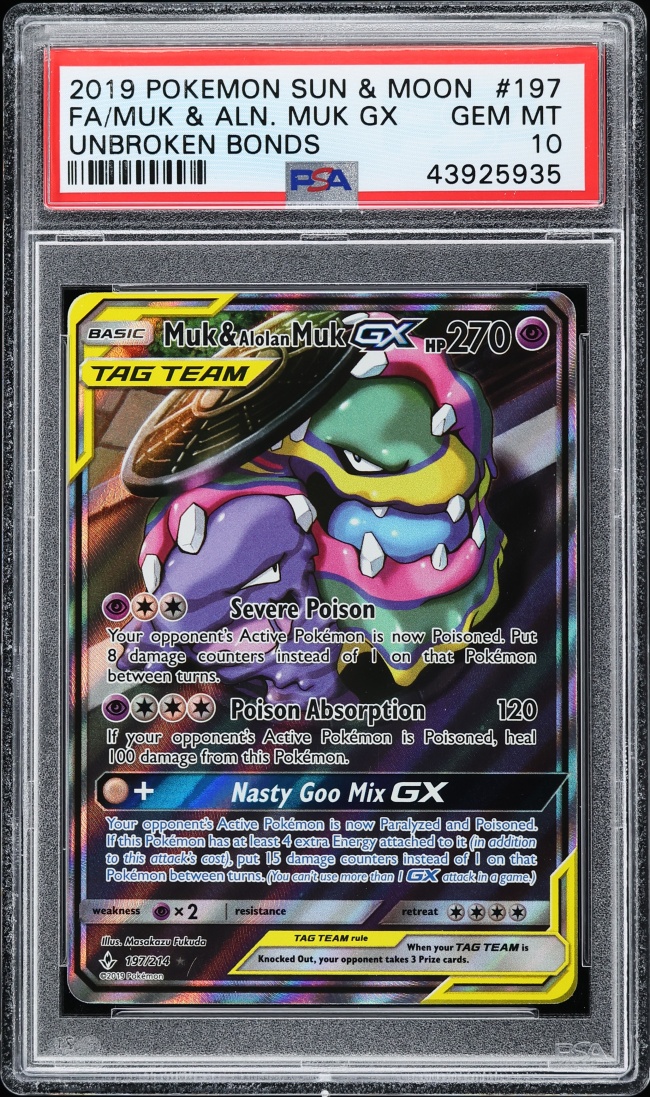 2019 Pokemon Sun & Moon Unbroken Bonds Full Art Muk & Alolan Muk GX #197 PSA 10 GEM MINT