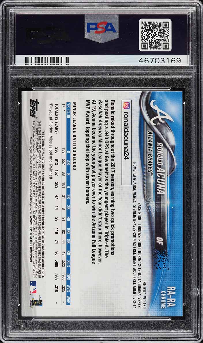 2018 Topps Chrome Ronald Acuna Jr. ROOKIE AUTO #RARA PSA 10 GEM MINT