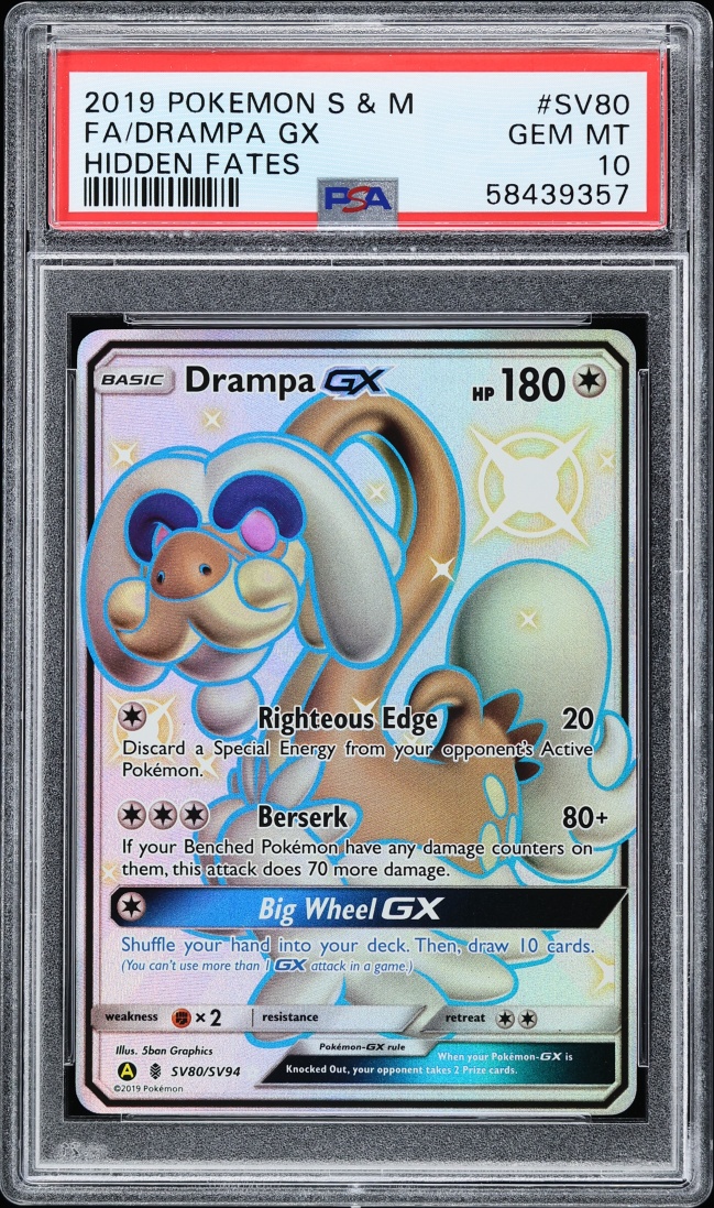 2019 Pokemon Sun & Moon Hidden Fates Shiny Drampa GX #SV80 PSA 10 GEM MINT