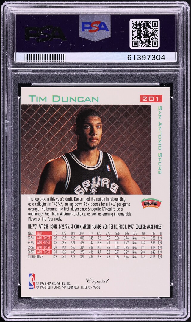 1997 Fleer Crystal Tim Duncan ROOKIE #201 PSA 10 GEM MINT