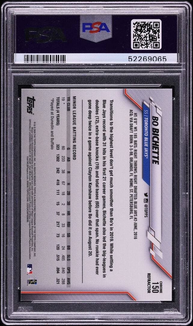 2020 Topps Chrome Sepia Refractor Bo Bichette ROOKIE #150 PSA 9 MINT