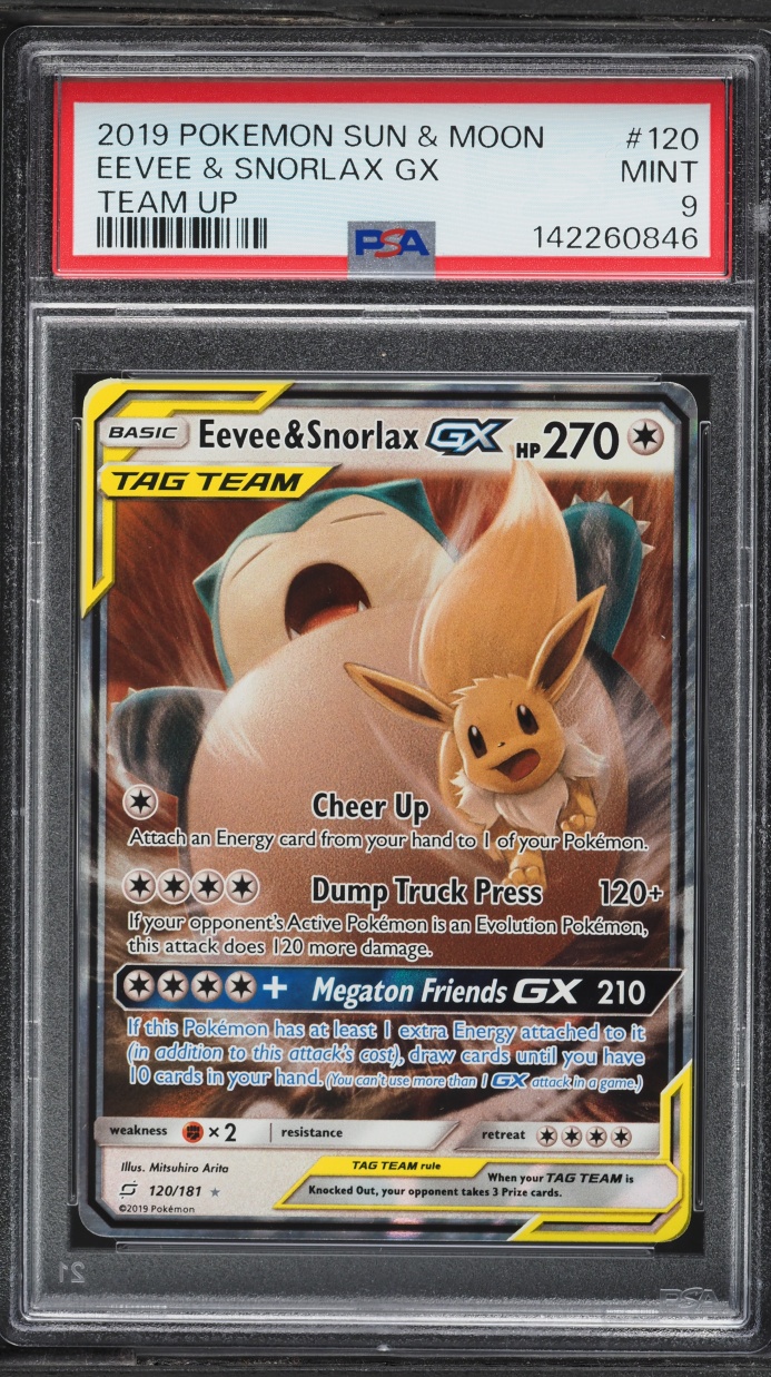 2019 Pokemon Sun & Moon Team Up Holo Eevee & Snorlax GX #120 PSA 9 MINT