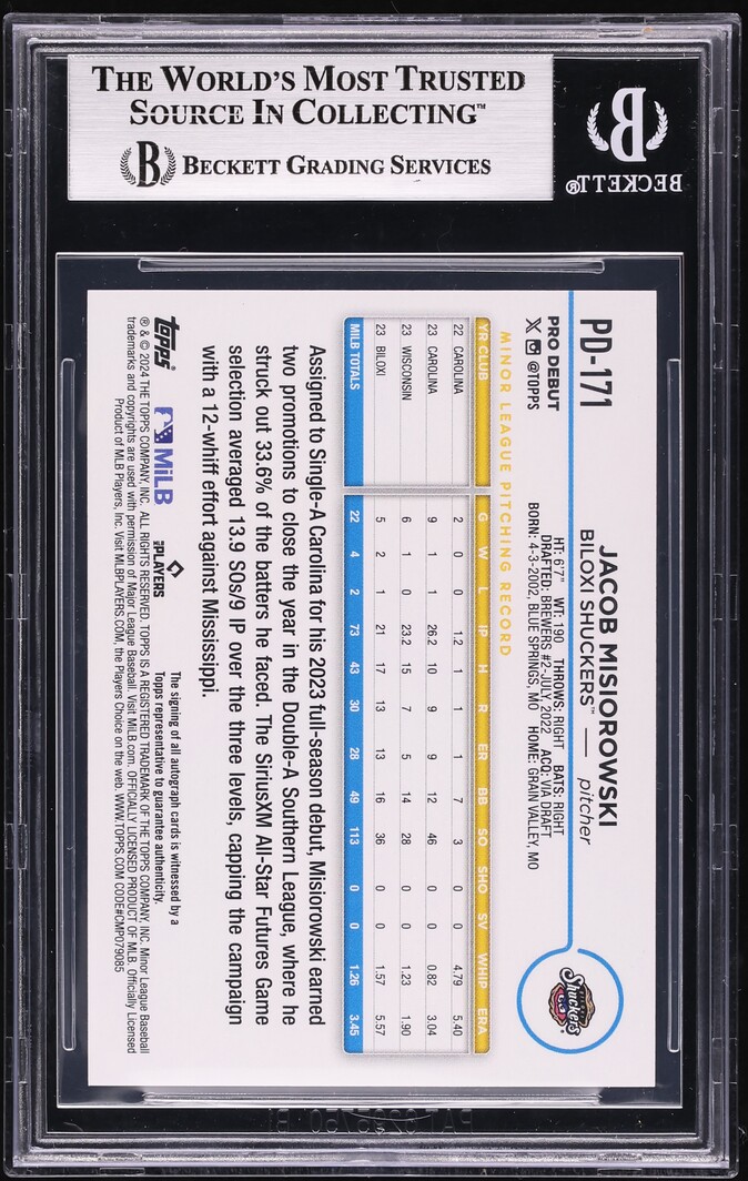 2024 Topps Pro Debut Jacob Misiorowski PROSPECT AUTO #PD-171 BGS 8.5 NM-MT+