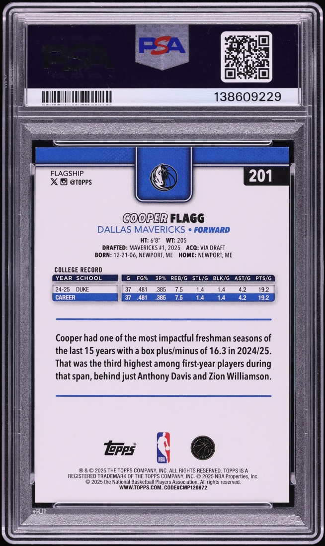 2025 Topps Red Holo Foil Cooper Flagg ROOKIE 1/5 #201 PSA 9 MINT