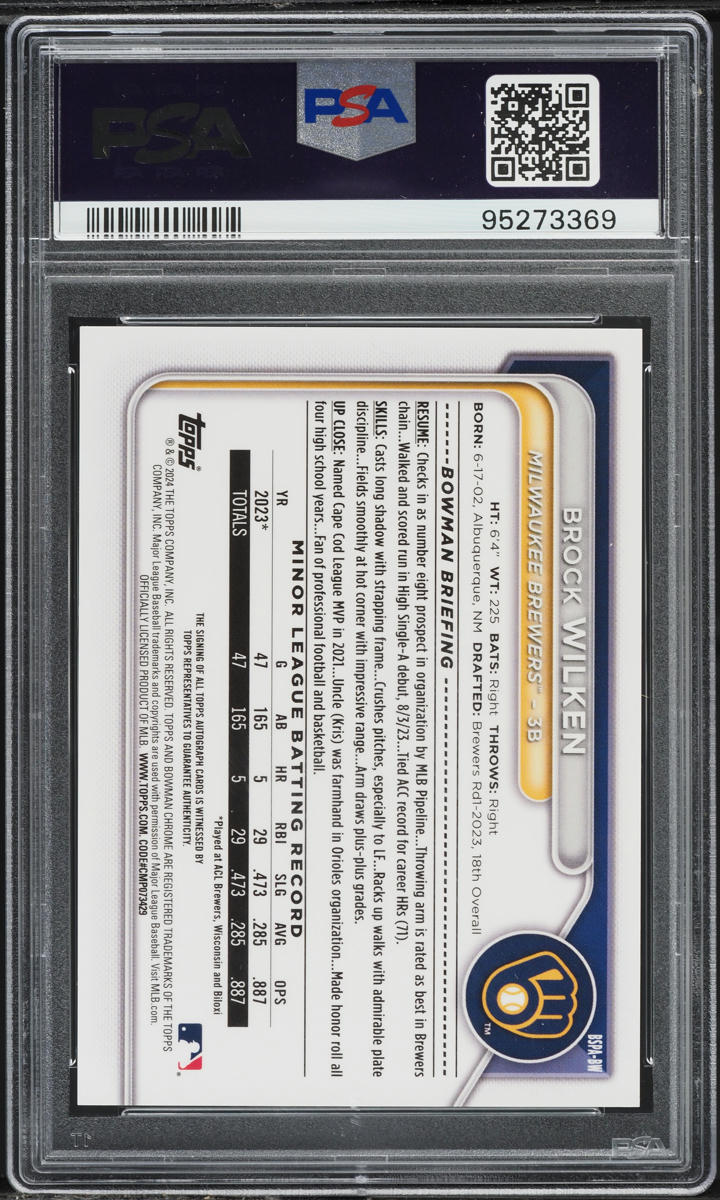 2024 Bowman Chrome Sapphire Green Brock Wilken PROSPECT AUTO /99 #BSPA-BW PSA 10