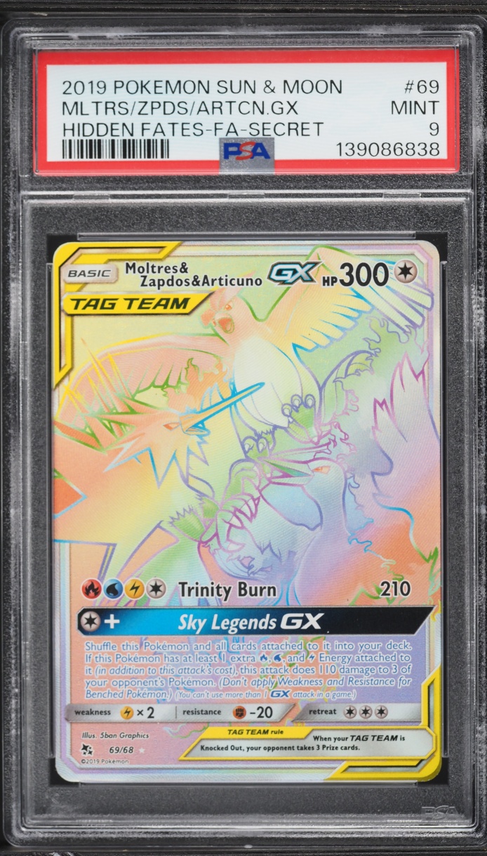 2019 Pokemon Sun & Moon Hidden Fates Rainbow Rare Moltres & Zapdos & Articuno GX #69 PSA 9 MINT
