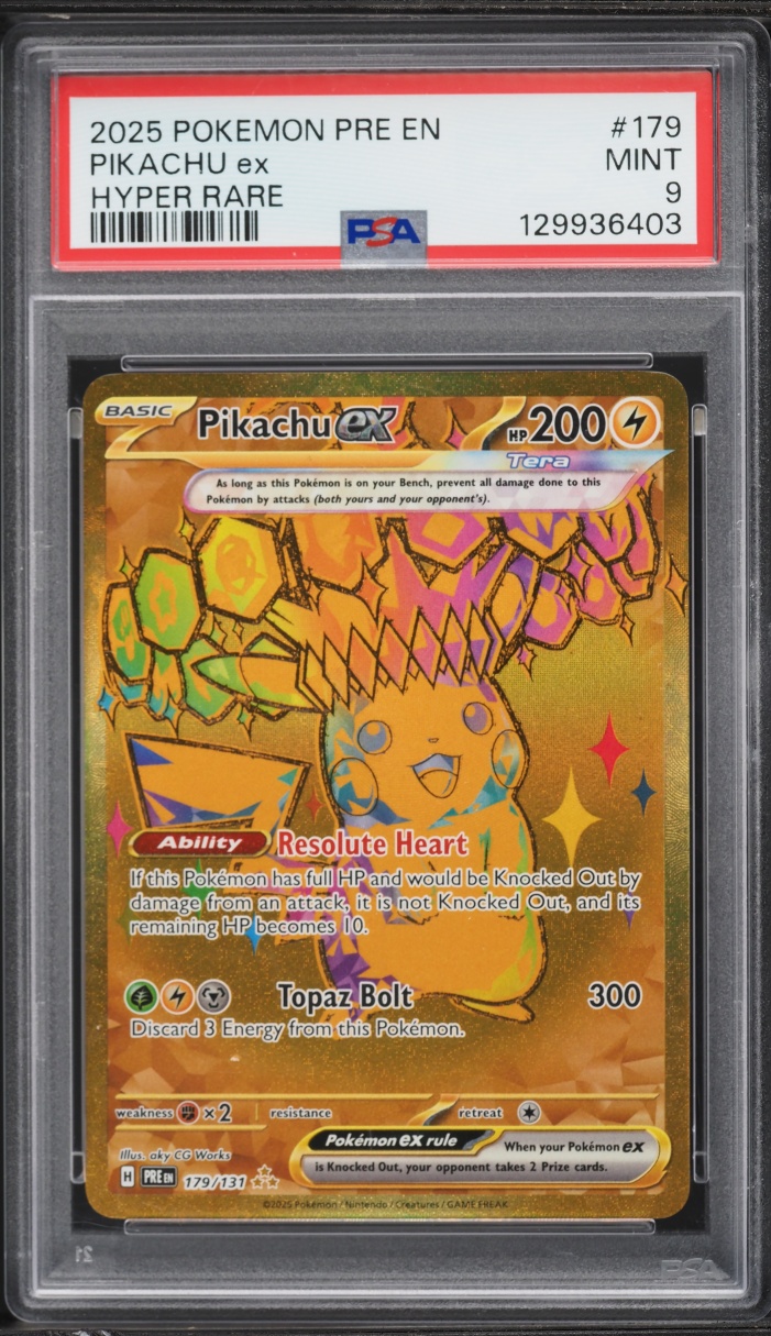 2025 Pokemon Scarlet & Violet Prismatic Evolutions Gold Rare Pikachu EX #179 PSA 9 MINT