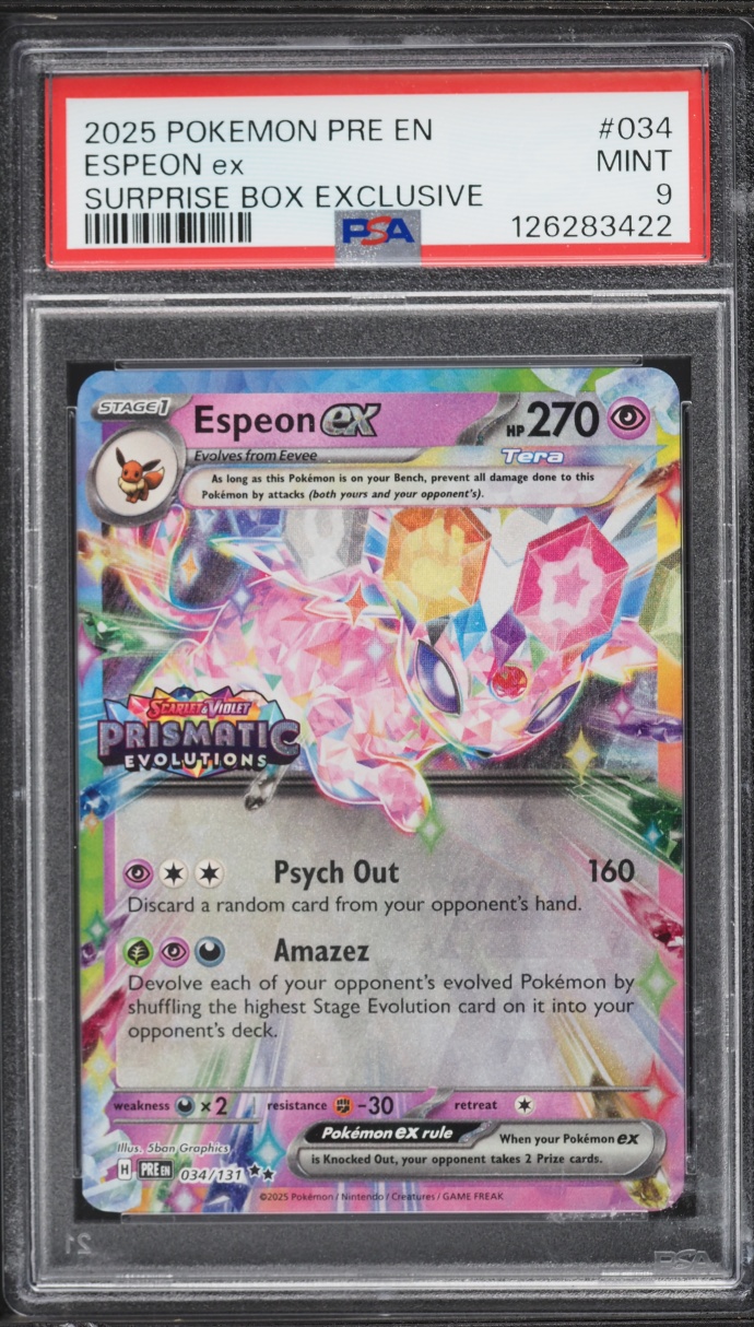2025 Pokemon Scarlet & Violet Prismatic Evolutions Surprise Box Holo Espeon ex #34 PSA 9 MINT