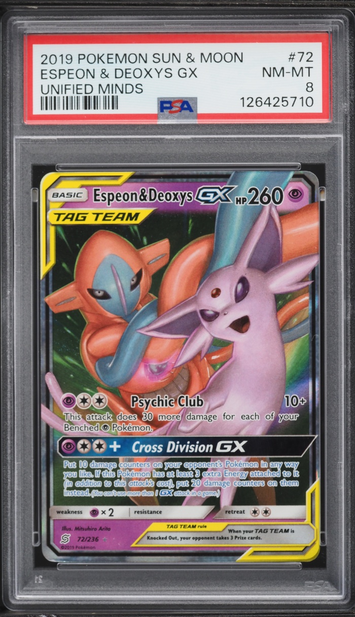2019 Pokemon Sun & Moon Unified Minds Espeon & Deoxys GX #72 PSA 8 NM-MT