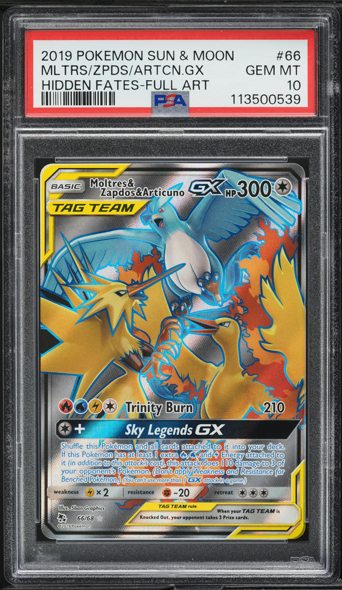 2019 Pokemon SM Hidden Fates Full Art Moltres Zapdos Articuno GX #66 PSA 10 GEM