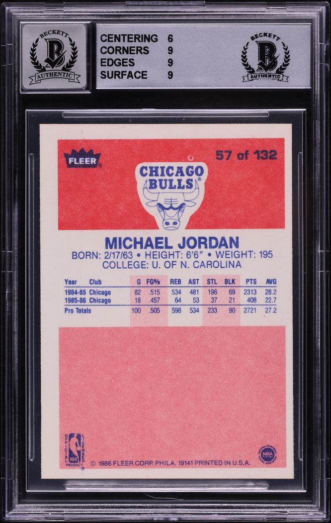 1986 Fleer Basketball Michael Jordan ROOKIE AUTO #57 BAS BGS 7 NRMT