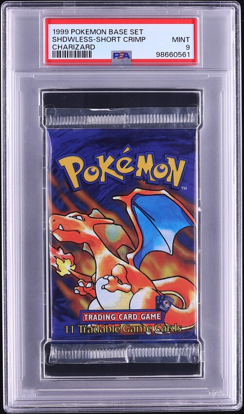 1999 Pokemon Base Set Shadowless Short Crimp Booster Pack Charizard Art PSA 9