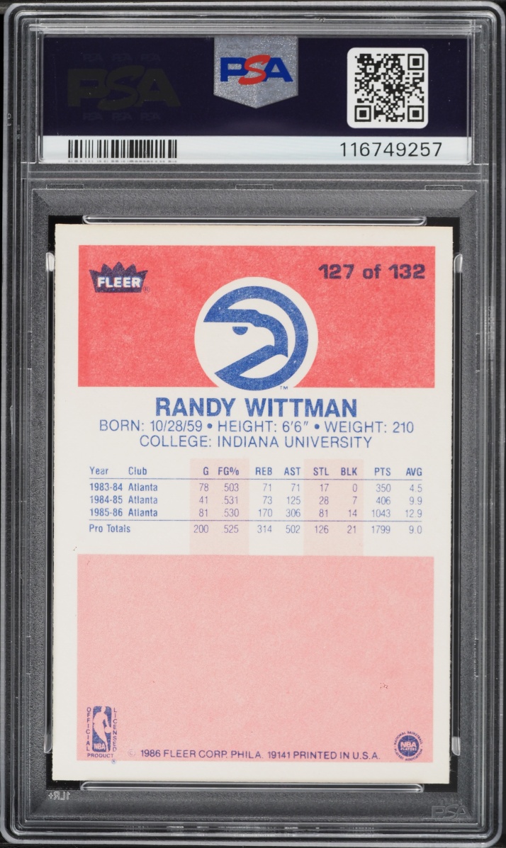 1986 Fleer Basketball Randy Wittman ROOKIE #127 PSA 9 MINT