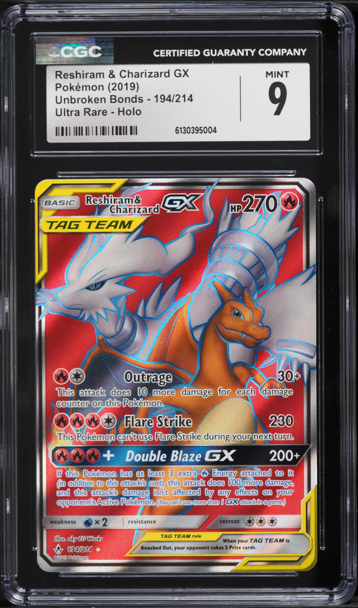 2019 Pokemon Sun & Moon Unbroken Bonds Full Art Reshiram & Charizard GX #194 CGC 9 MINT