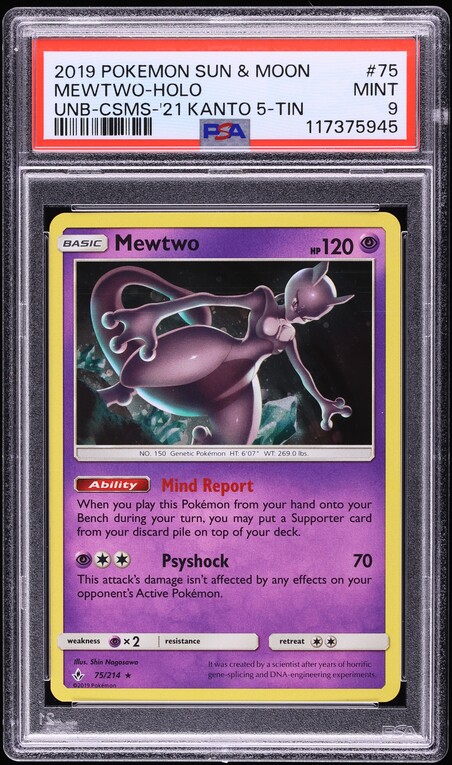 2019 Pokemon Sun & Moon Unbroken Bonds Kanto Tin Cosmos Holo Mewtwo #75 PSA 9 MINT