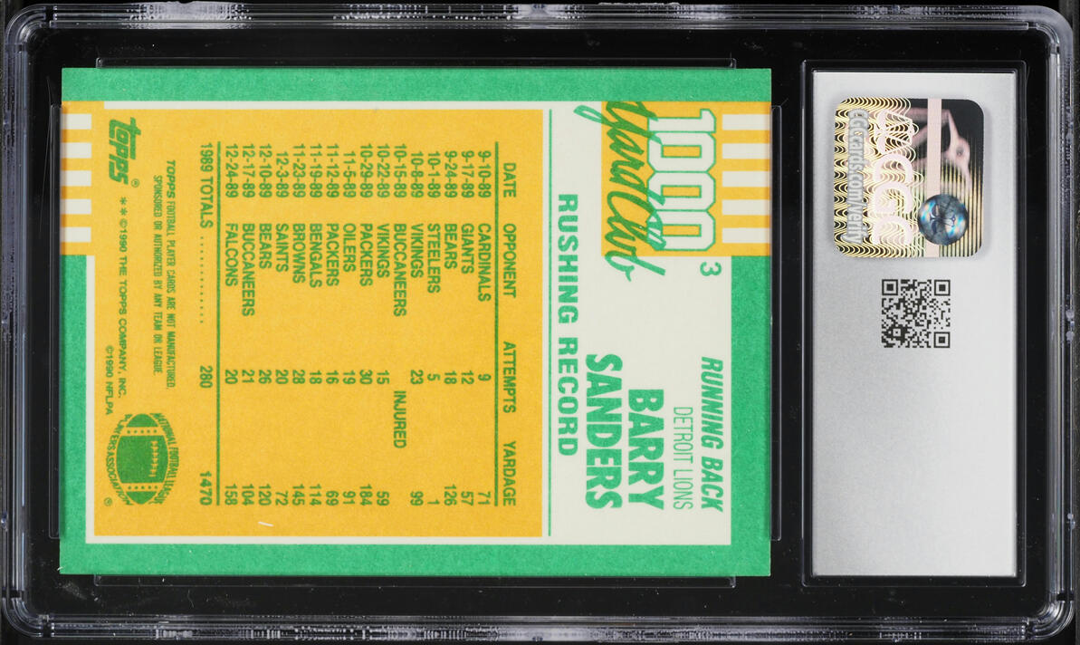 1990 Topps 1000 Yard Club Disclaimer Back Two Asterisks Barry Sanders #3 CGC 8.5 NM-MT+