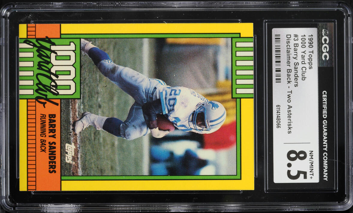 1990 Topps 1000 Yard Club Disclaimer Back Two Asterisks Barry Sanders #3 CGC 8.5 NM-MT+
