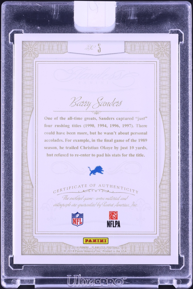 2014 Panini Flawless Greats Barry Sanders PATCH AUTO /25 #3 - Photo 2