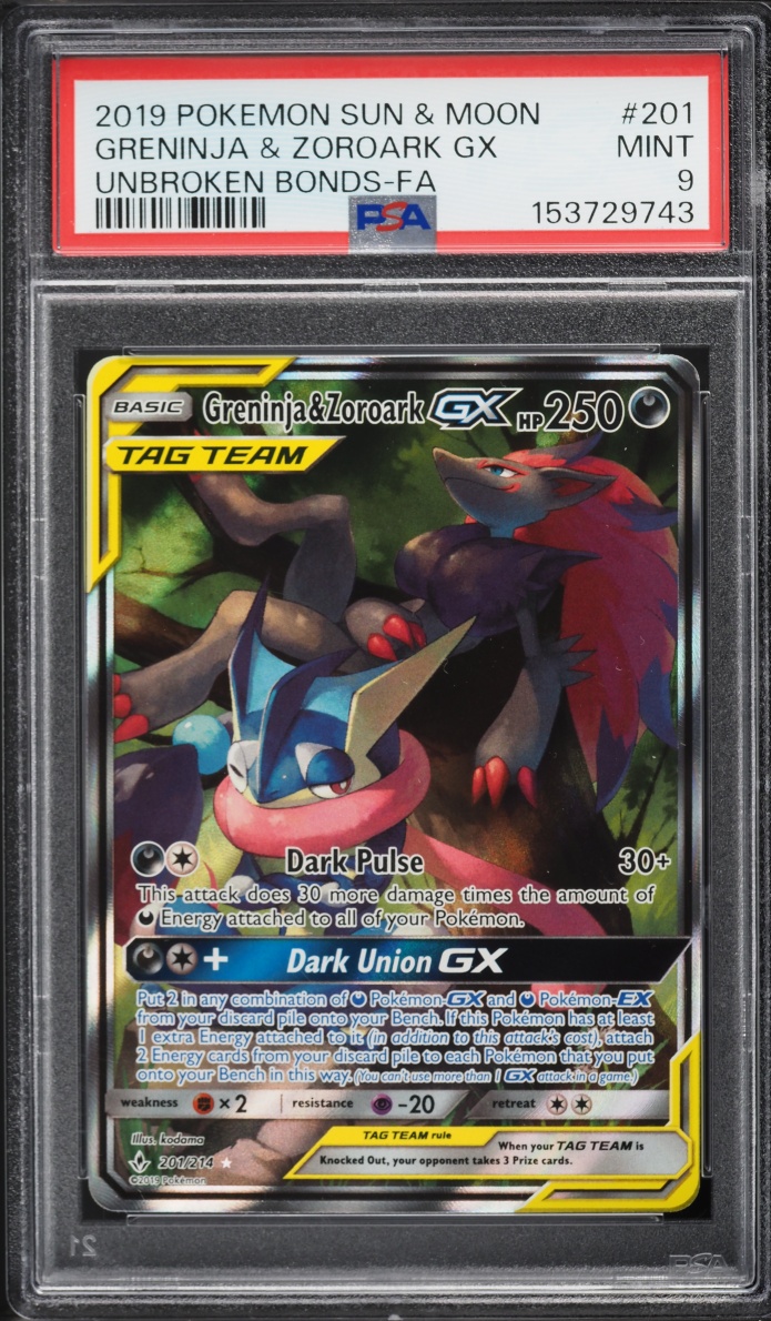 2019 Pokemon Sun & Moon Unbroken Bonds Full Art Greninja & Zoroark GX #201 PSA 9 MINT