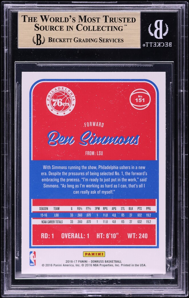 2016 Donruss Basketball Ben Simmons ROOKIE #151 BGS 9.5 GEM MINT