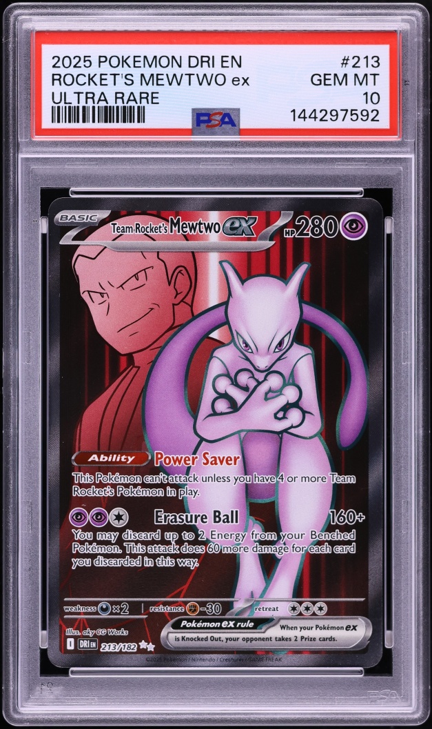 2025 Pokemon Scarlet & Violet Destined Rivals Full Art Team Rocket's Mewtwo ex #213 PSA 10 GEM