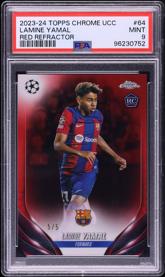 2023 Topps Chrome UEFA Club Competitions Red Refractor Lamine Yamal ROOKIE 5/5 #64 PSA 9 MINT