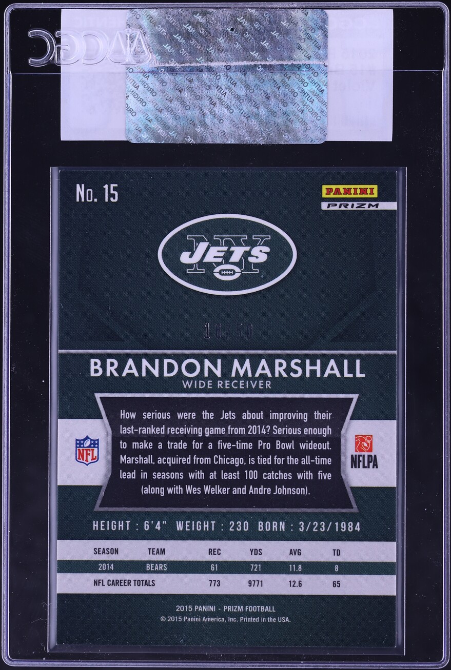 2015 Panini Prizm Violet Mosaic Brandon Marshall /50 #15 CGC AUTH - Photo 2