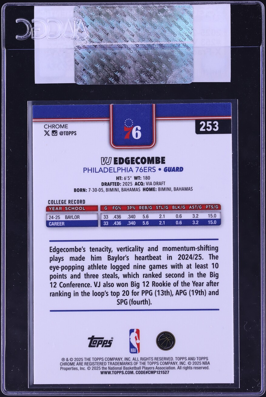 2025 Topps Chrome Xfractor VJ Edgecombe ROOKIE #253 CGC AUTH - Photo 2
