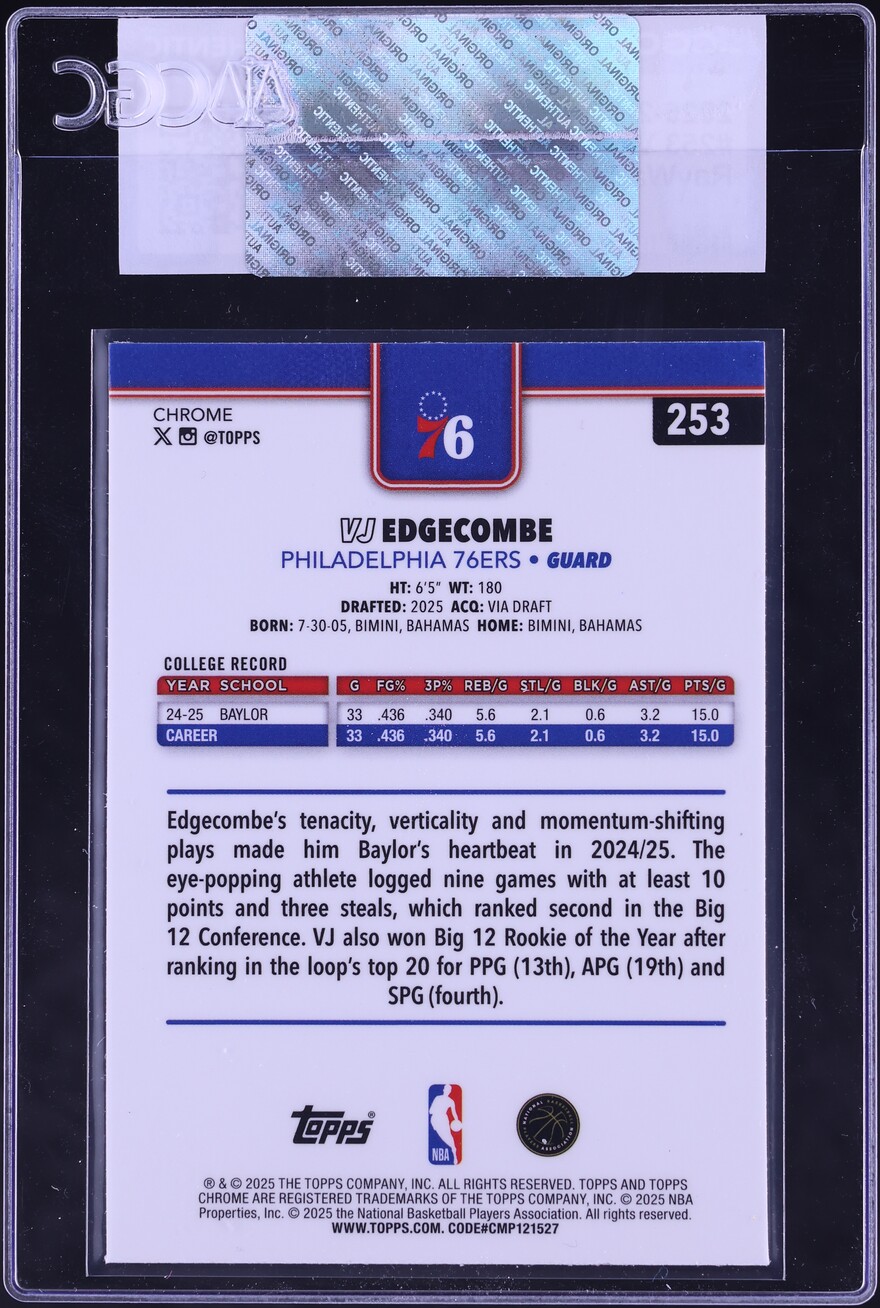 2025 Topps Chrome RayWave Refractor VJ Edgecombe ROOKIE #253 CGC AUTH - Photo 2
