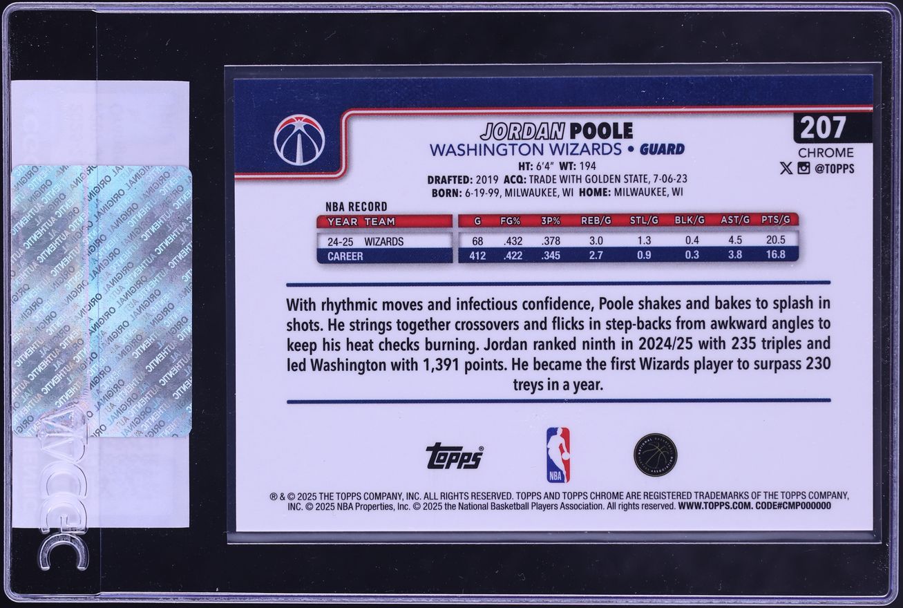 2025 Topps Chrome Orange RayWave Refractor Jordan Poole /25 #207 CGC AUTH - Photo 2