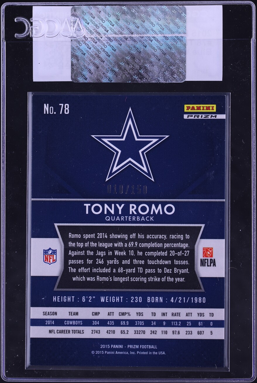 2015 Panini Prizm Blue Wave Tony Romo /150 #78 CGC AUTH - Photo 2
