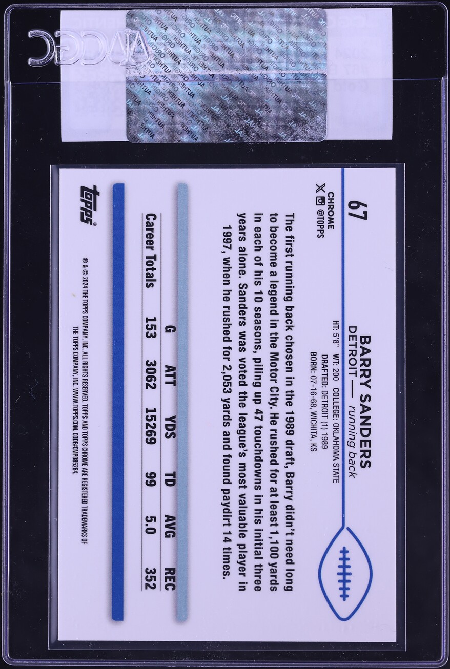 2024 Topps Chrome Gold Refractor Barry Sanders /50 #67 CGC AUTH - Photo 2