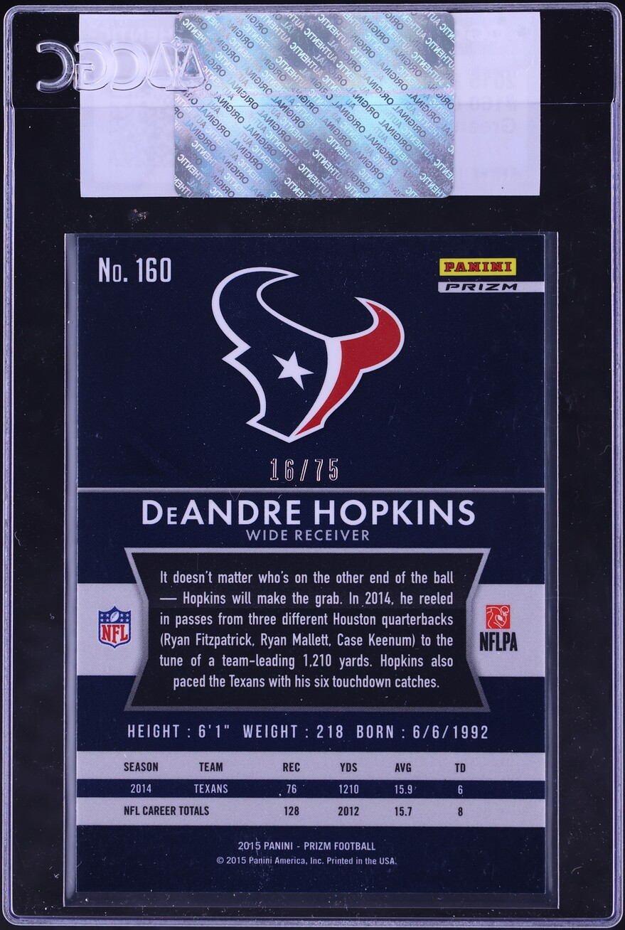 2015 Panini Prizm Green Crystals DeAndre Hopkins /75 #160 CGC AUTH - Photo 2