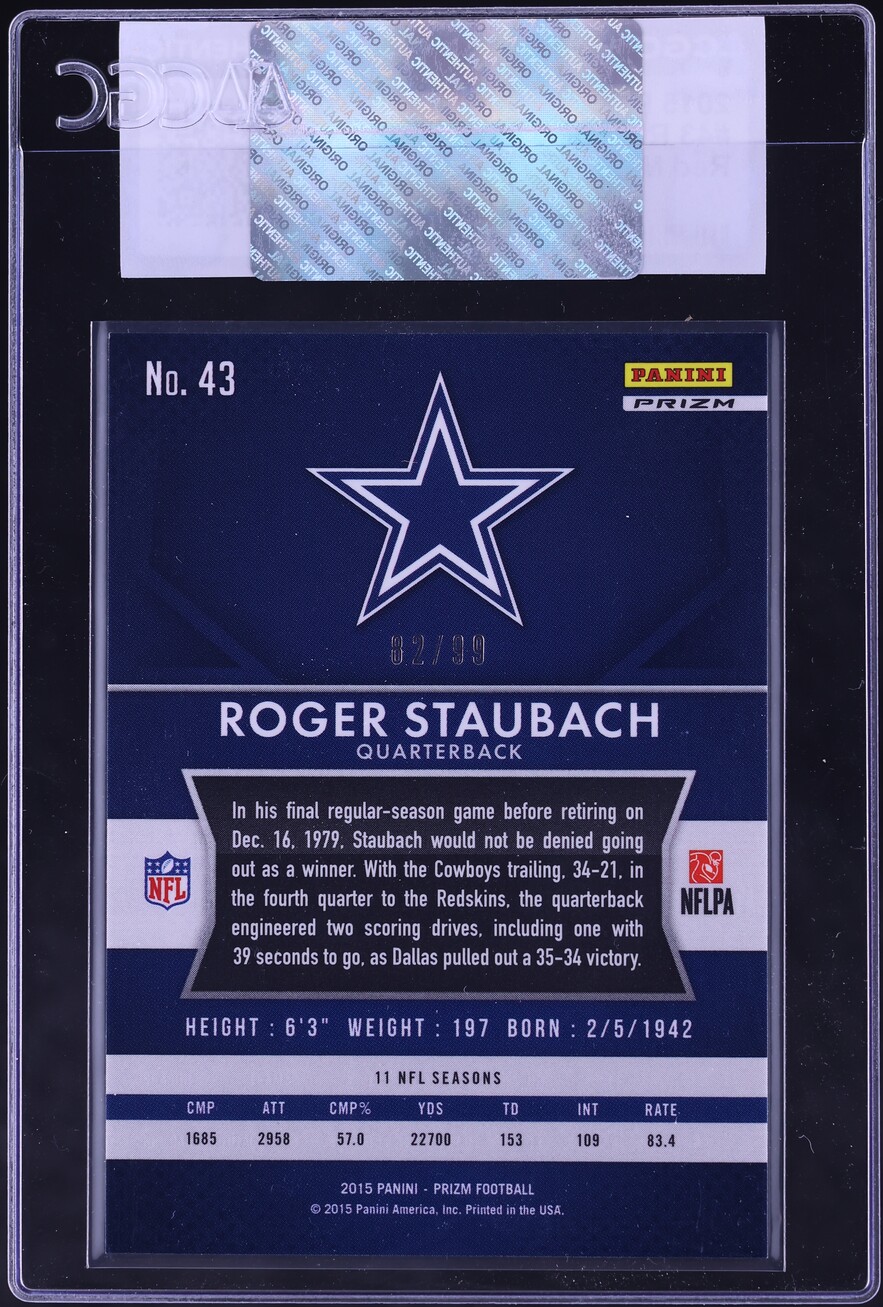 2015 Panini Prizm Red Mojo Roger Staubach /99 #43 CGC AUTH - Photo 2
