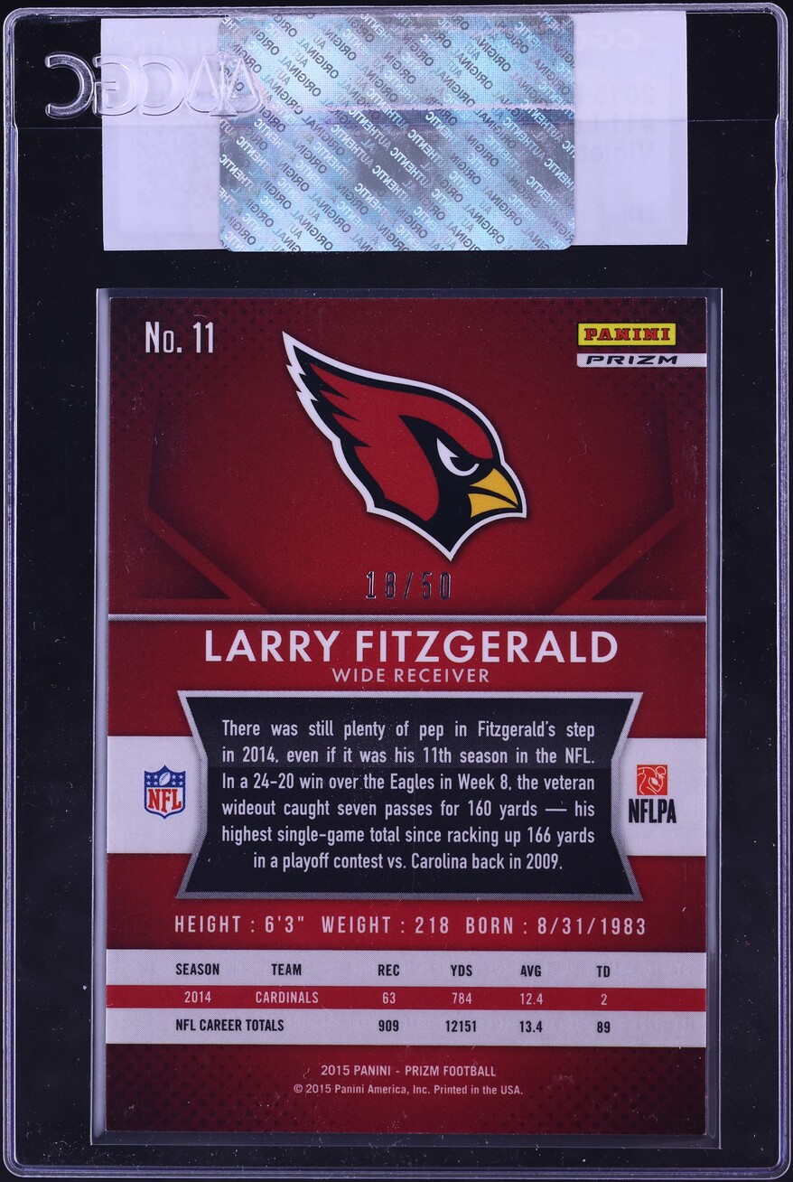 2015 Panini Prizm Violet Mosaic Larry Fitzgerald /50 #11 CGC AUTH - Photo 2