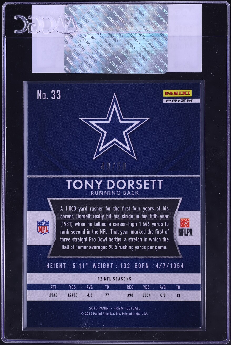 2015 Panini Prizm Violet Mosaic Tony Dorsett /50 #33 CGC AUTH - Photo 2