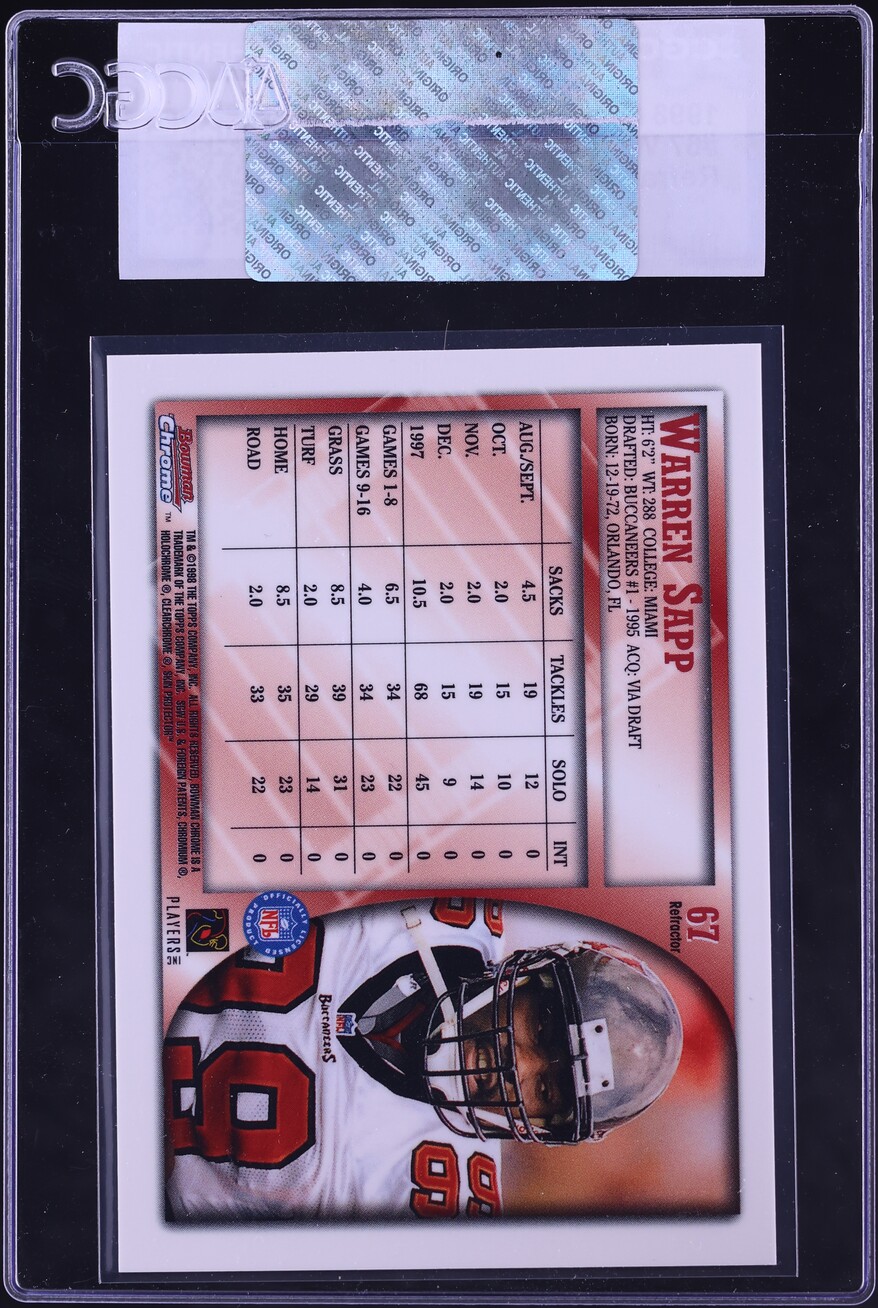 1998 Bowman Chrome Refractor Warren Sapp #67 CGC AUTH - Photo 2