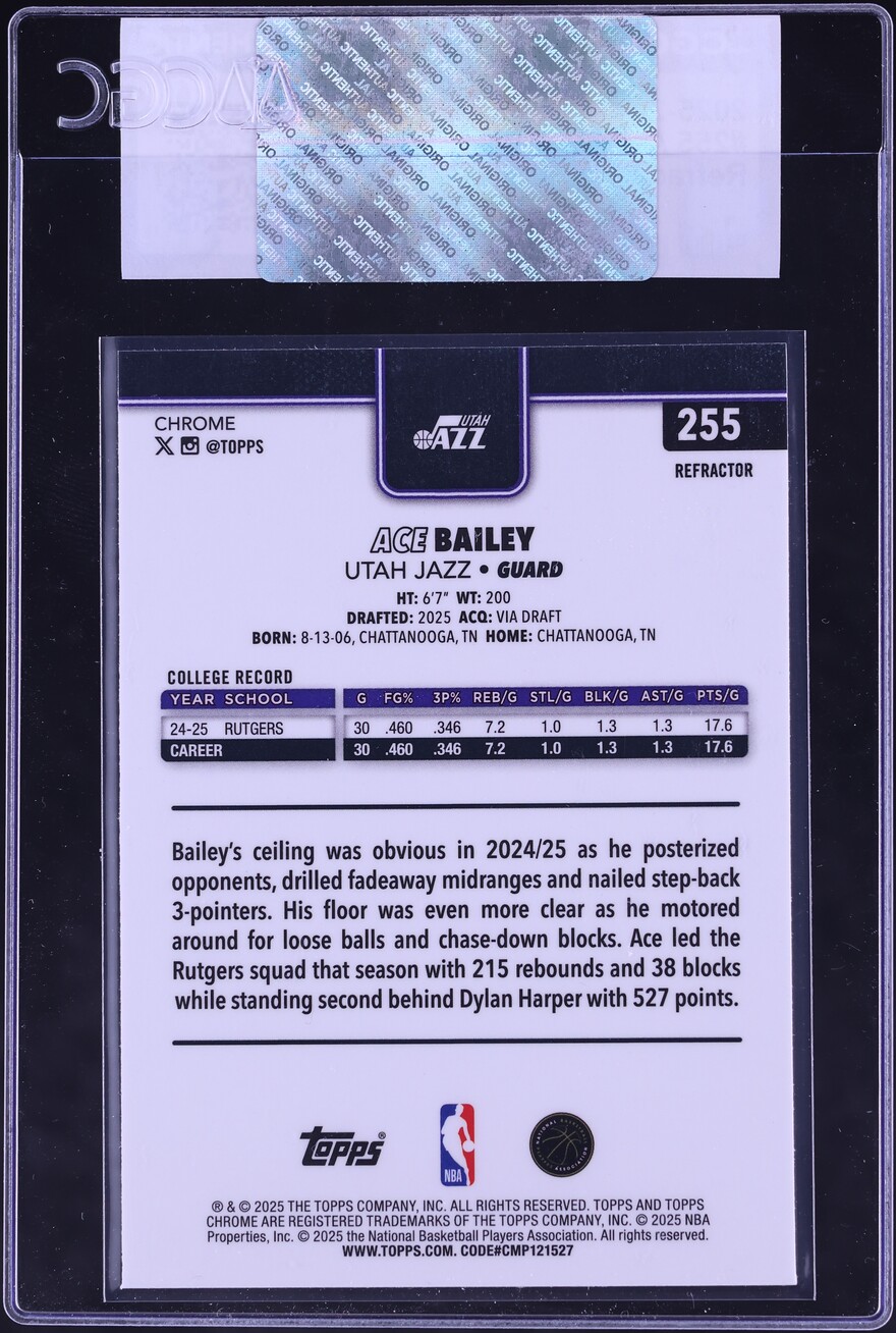 2025 Topps Chrome Refractor Ace Bailey ROOKIE #255 CGC AUTH - Photo 2