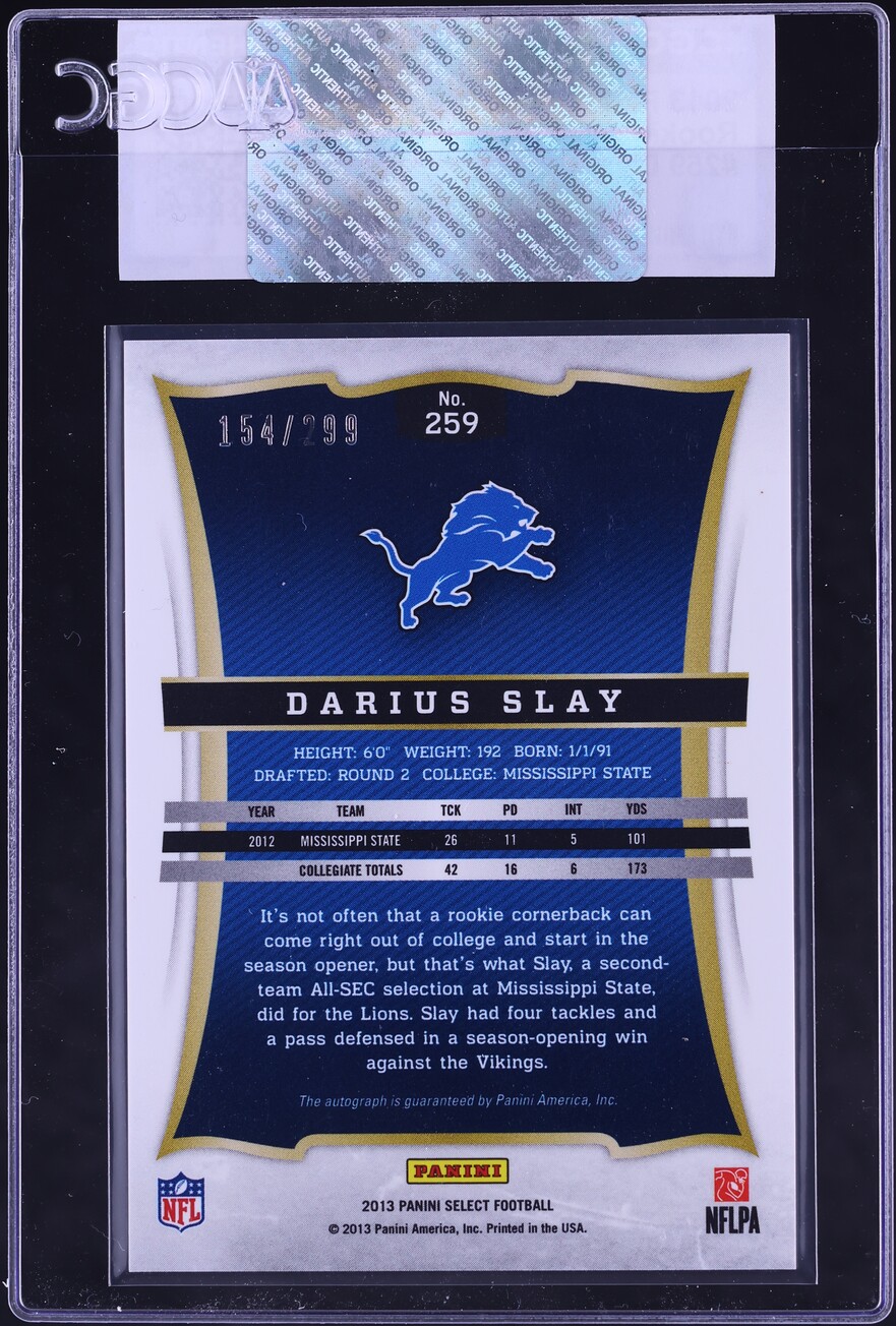 2013 Select Football Darius Slay ROOKIE AUTO /299 #259 CGC AUTH - Photo 2