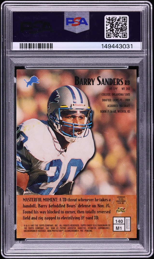 1997 Finest Embossed Refractor Barry Sanders #140 PSA 8 NM-MT - Photo 2