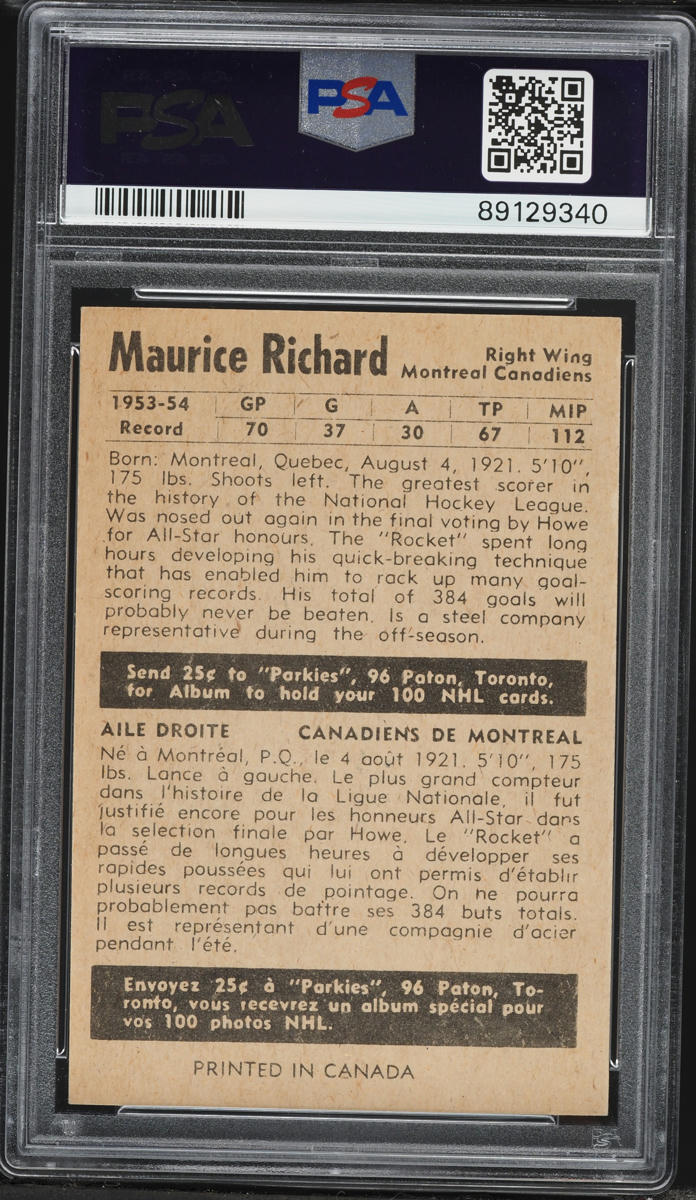1954 Parkhurst Maurice 'Rocket' Richard #7 PSA 8 NM-MT