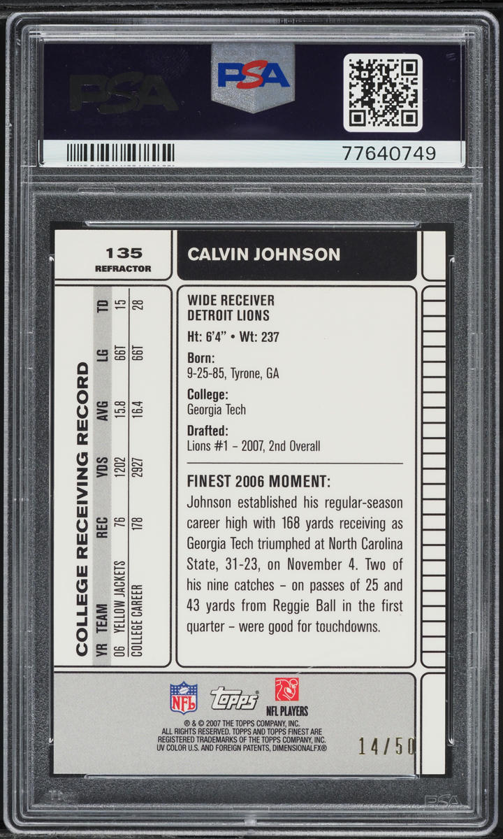 2007 Finest Gold Refractor Calvin Johnson ROOKIE /50 #135 PSA 10 GEM MINT