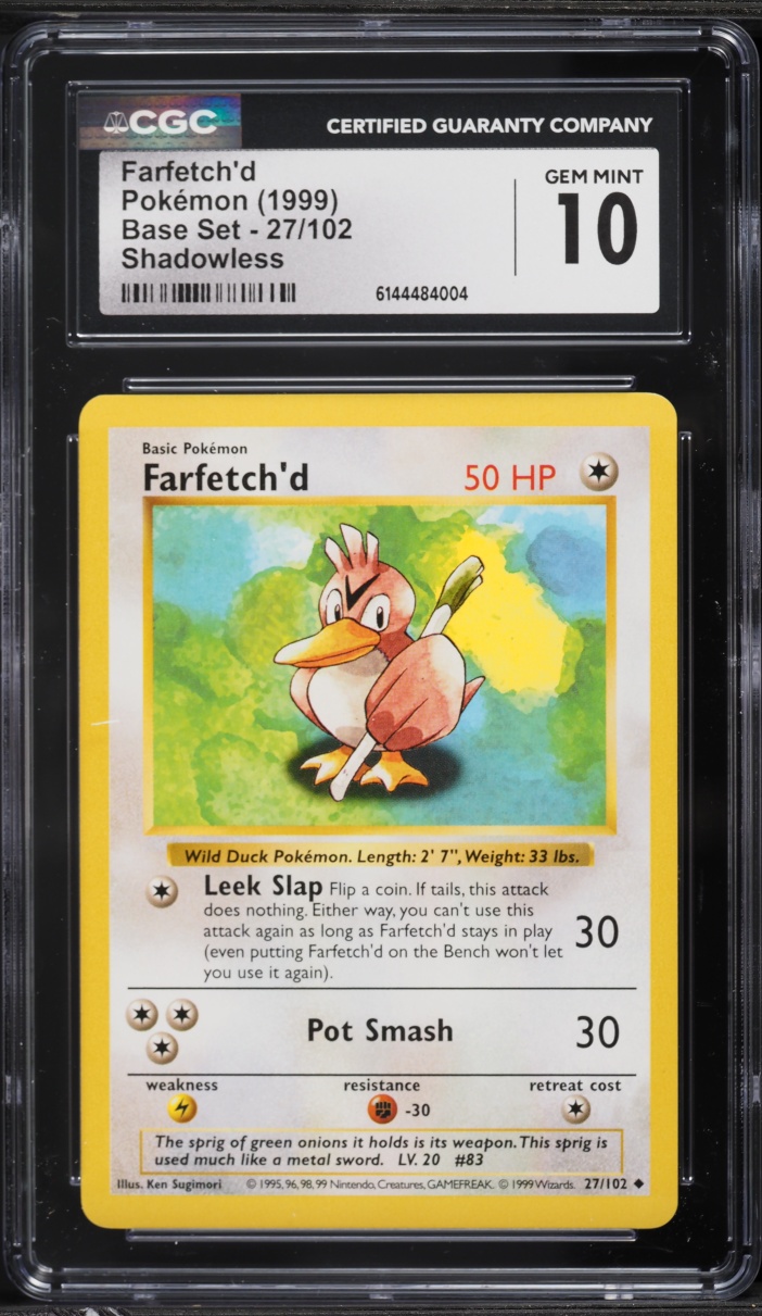 1999 Pokemon Base Set Shadowless Farfetch'd #27 CGC 10 GEM MINT
