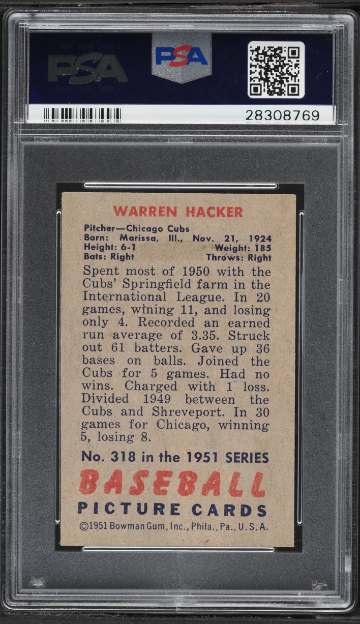 1951 Bowman Warren Hacker #318 PSA 6 EXMT